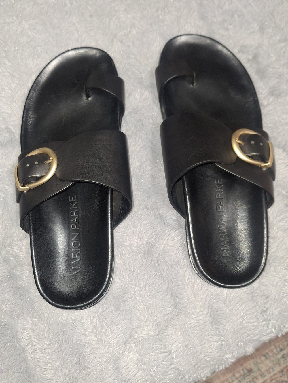 $495 Marion Parke Women's Black Cyrus Buckle Flat Slide